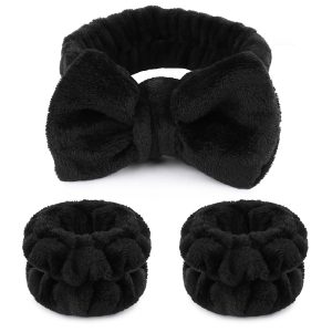 Makeup Headbands, 1pcs Black Spa Headband and 2Pcs Wrist Spa Wash